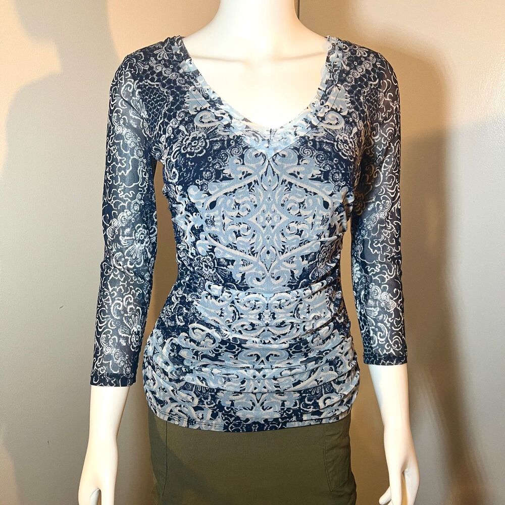 Vintage Y2K 90s INC Sheer Micro Mesh S Blouse 3/4 Sleeve Whimsigoth Hippie Boho